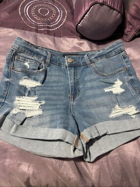 Aero- Classic Light Blue Distressed Rolled Hem Denim Shorts - Women High rise